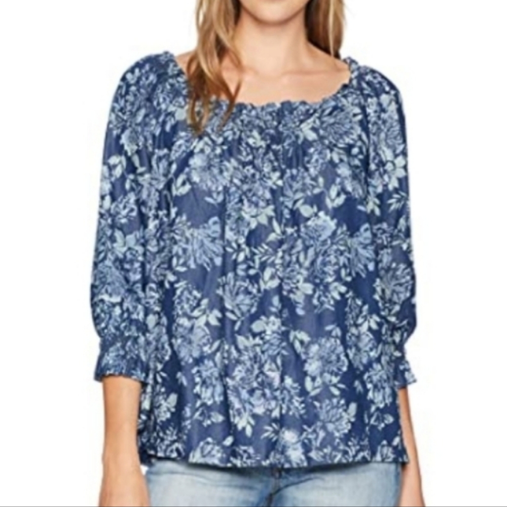 BANDOLINO  Emery Blue Chambray Floral Convertible Peasant Top Smock Detail NWT